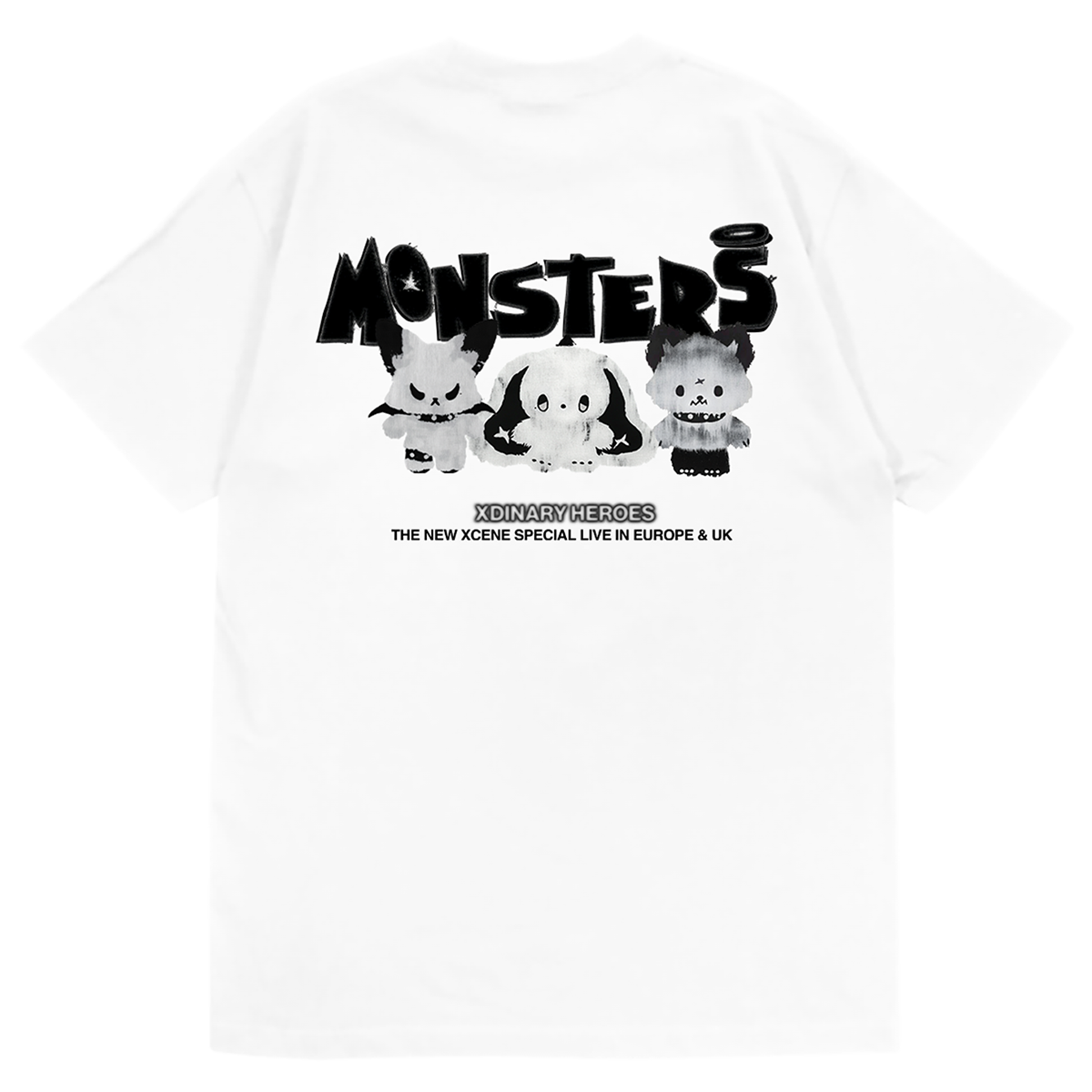 White t-shirt with black text and graphics 