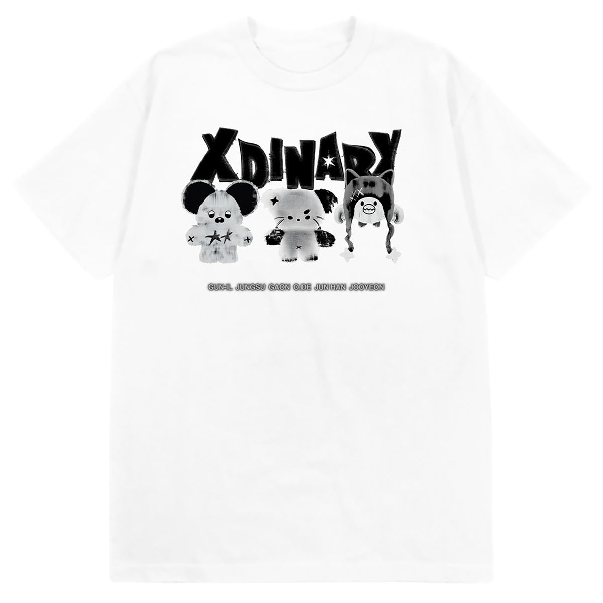 White hoodie with cartoon characters and 'XDIINARY' text 