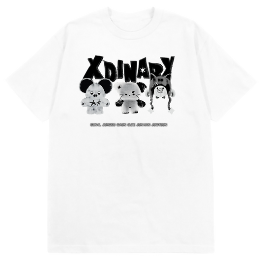 White hoodie with cartoon characters and 'XDIINARY' text 