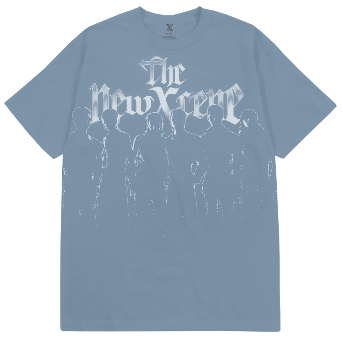 Blue t-shirt with 'The New Crime' graphic design