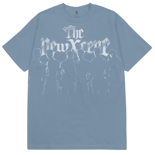 Blue t-shirt with 'The New Crime' graphic design