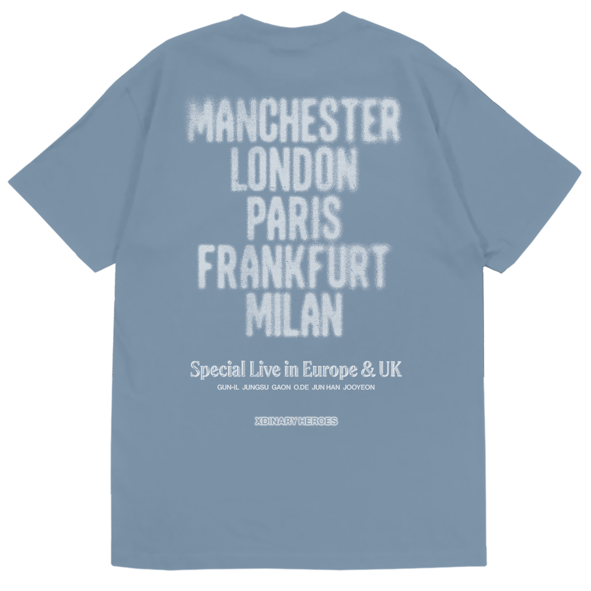 Blue t-shirt with white text listing cities and event details 