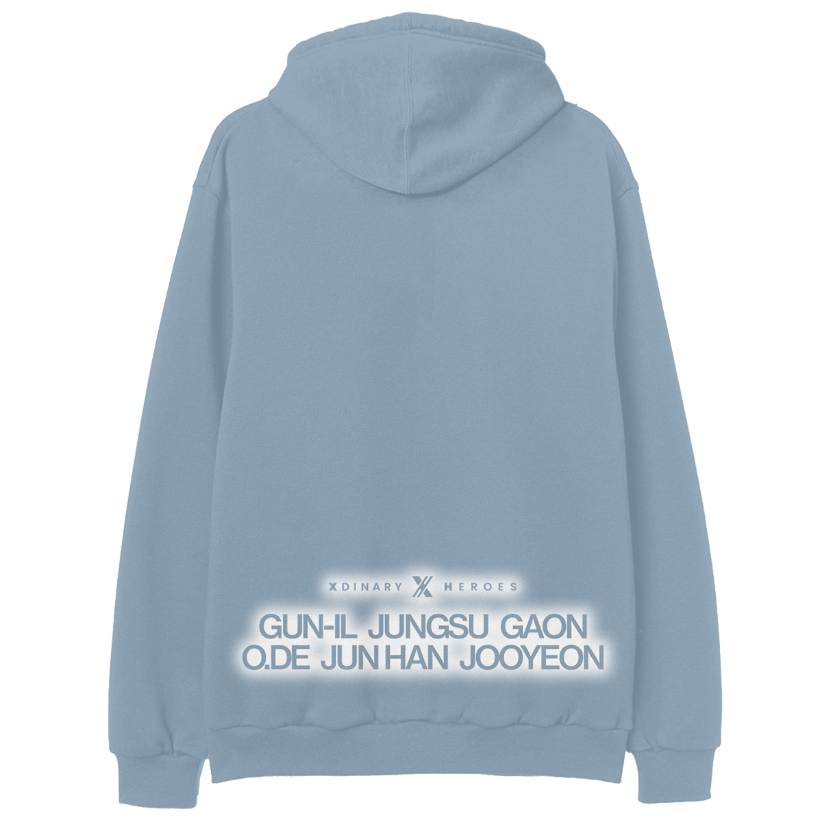Light blue hoodie with text on the back 