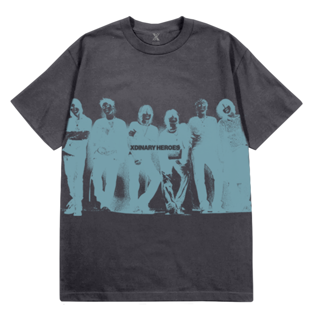 Black t-shirt with graphic design of six figures in teal