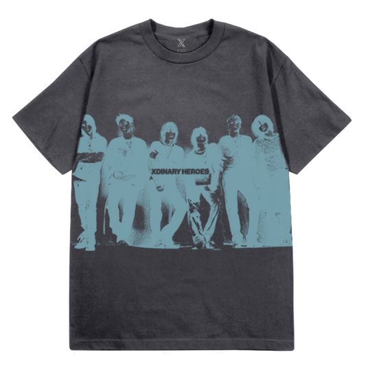 Black t-shirt with graphic design of six figures in teal