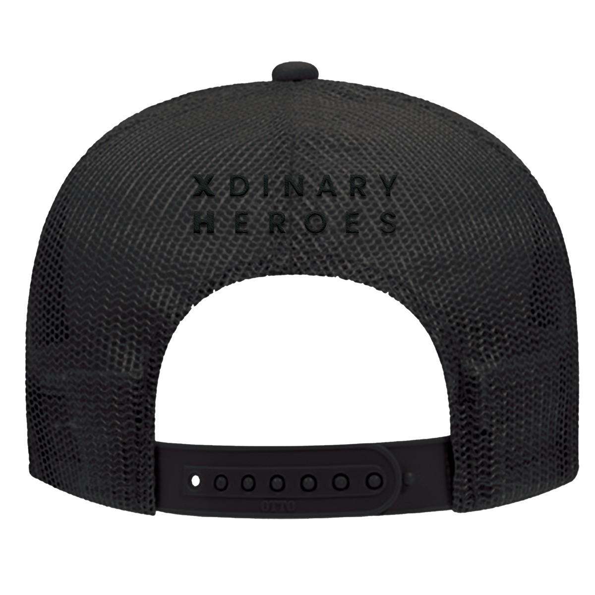 Black mesh cap with 'Xdinary Heroes' branding on a white background