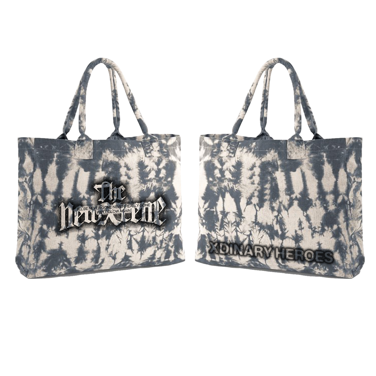 Two tie-dye tote bags with text 