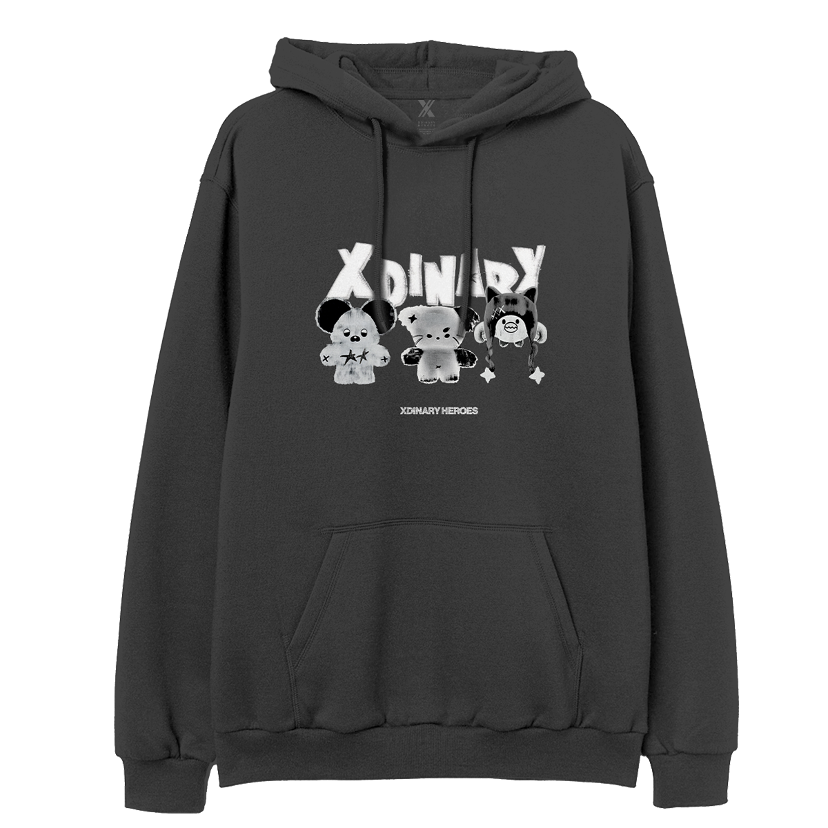 Black hoodie with xdinary heroes monsters characters and text 