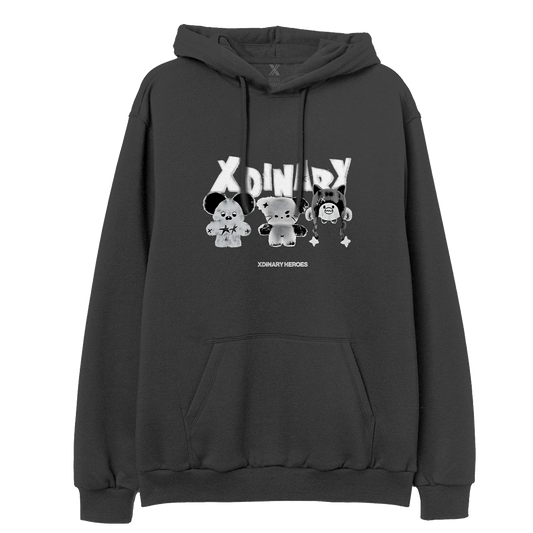 Black hoodie with xdinary heroes monsters characters and text 