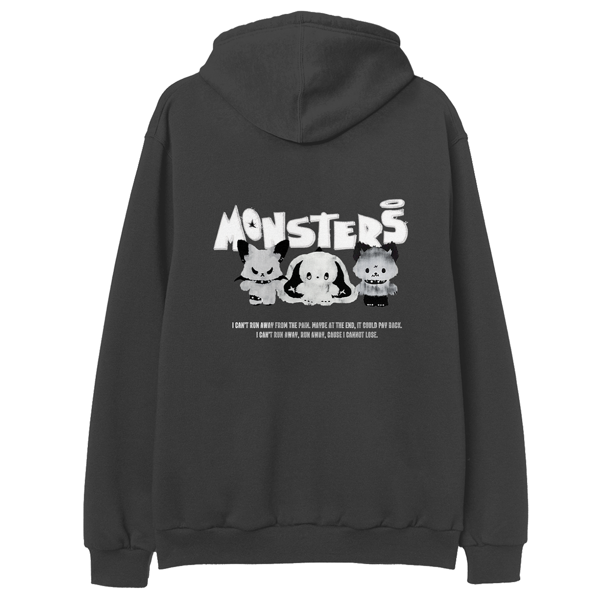 Black hoodie with xdinary heroes monsters characters and text on the back